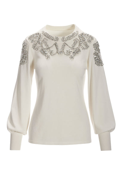 Jeweled Embellished Mock-Neck Sweater Off White
