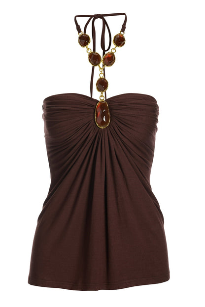 Embellished Trim Ruched Halter Brown