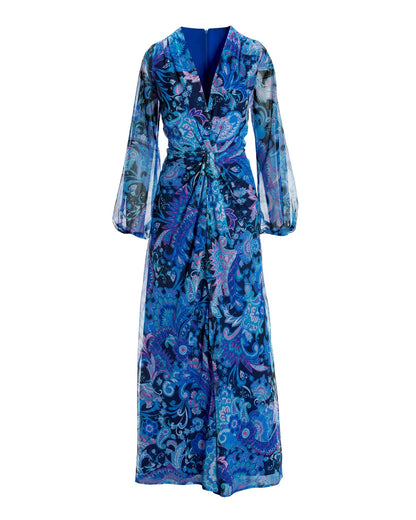 Knightsbridge Fleurs Print Shimmer Front Slit Maxi Dress Blue Multi