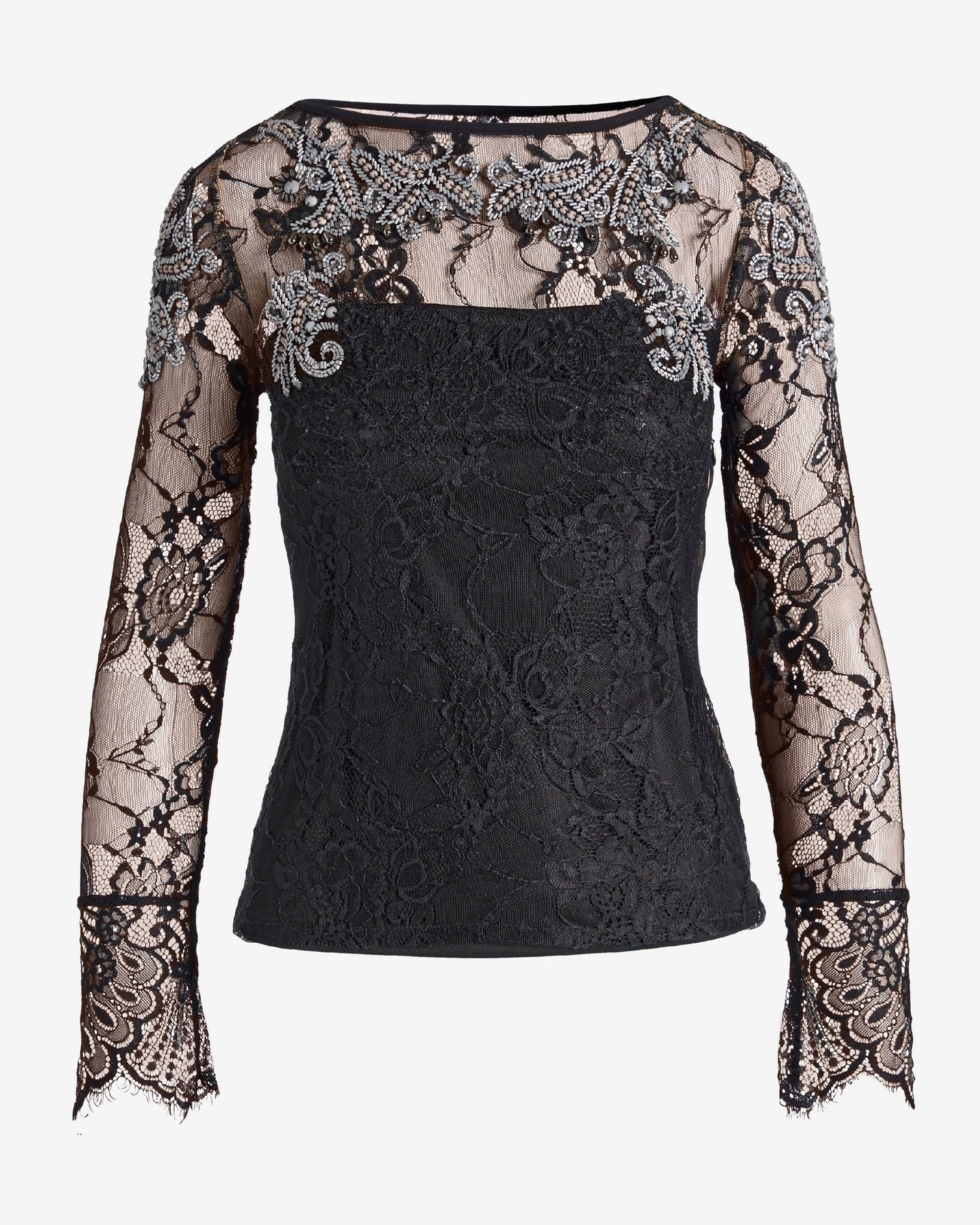 Embellished Lace Boat Neck Knit Top Black/White
