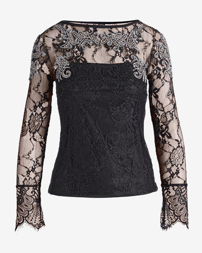 Embellished Lace Boat Neck Knit Top Black/White