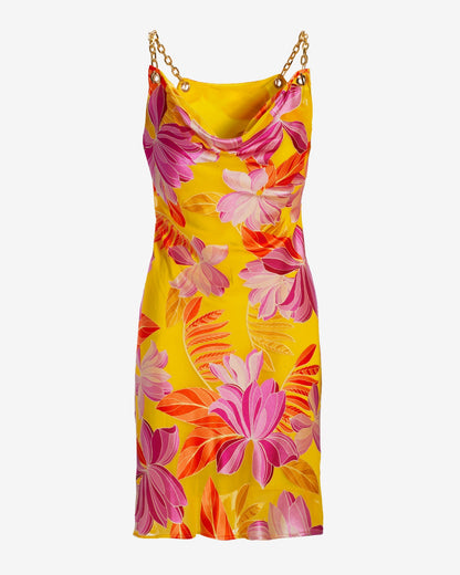 La Sirena Floral Burnout Chain Strap Cowl-Neck Shift Dress Yellow/Purple