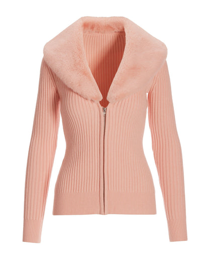Faux-Fur Collar Zip Cardigan Sweater Light Pink