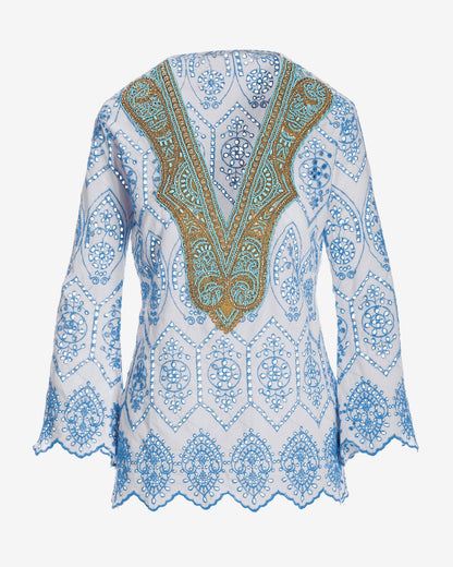 Embellished Two Tone Eyelet Tunic White/Blue