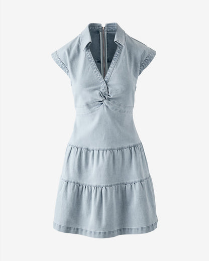 Front Knot Collared Tiered Denim Dress Ultra Light Wash