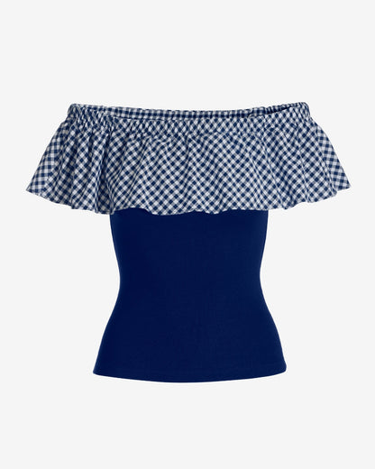 Gingham Off The Shoulder Knit Top Navy