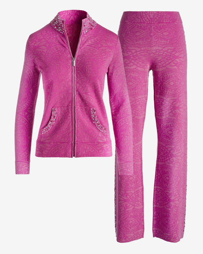 Embellished Knit Jacquard Jacket and Pant Set Magenta