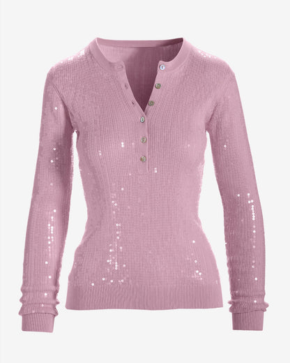 Henley Sequin Long Sleeve Sweater Roseate