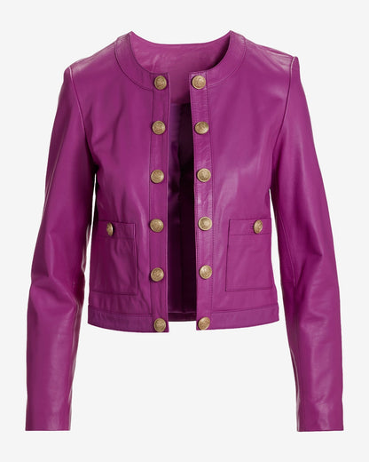 Genuine Leather Crest Button Jacket Fuchsia Pink