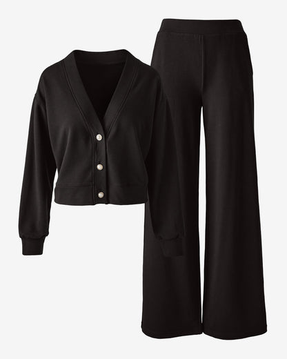 French Terry Cardigan and Pant Set Black