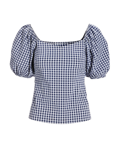 Gingham Puff Sleeve Sweetheart Top Navy/White