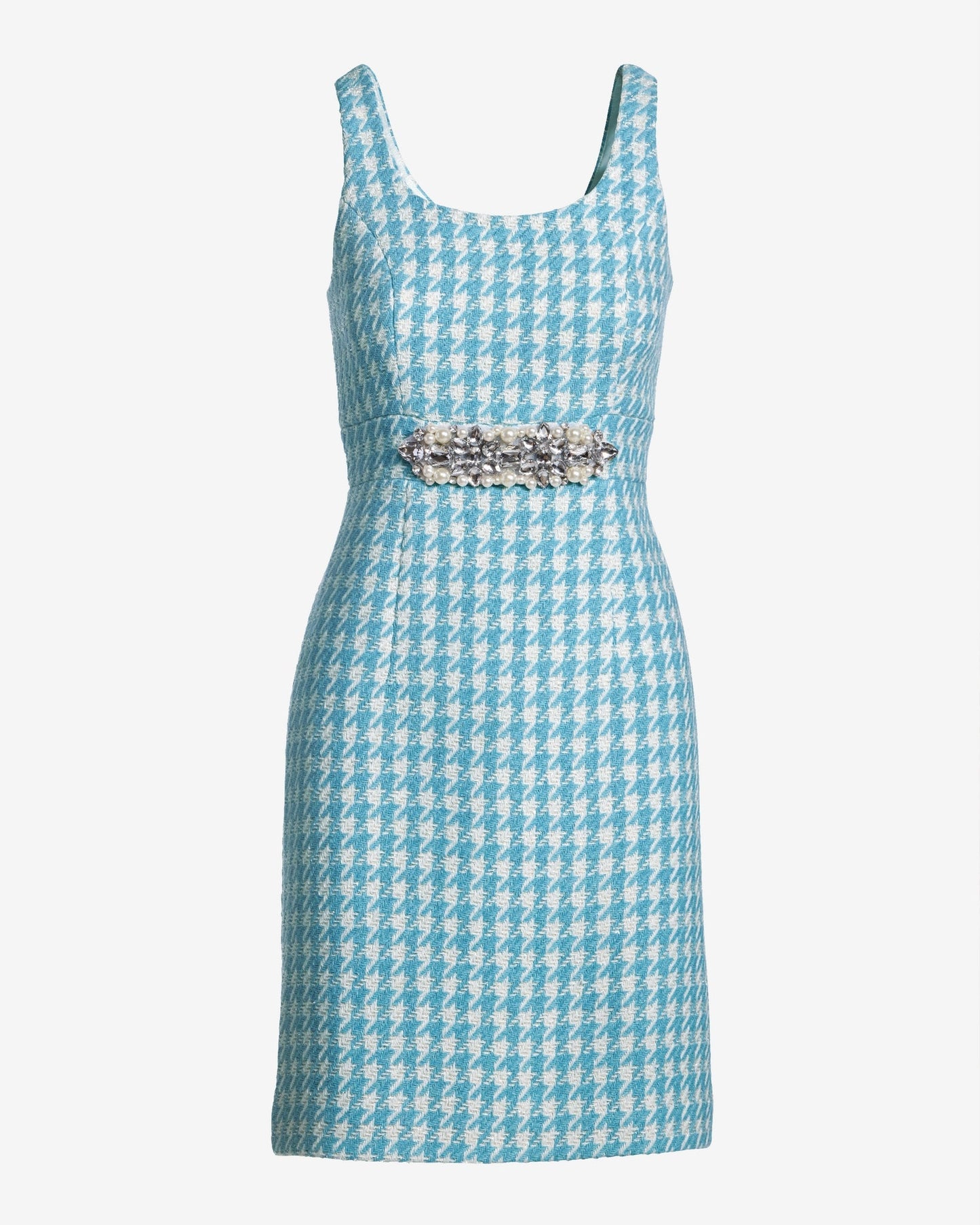Houndstooth Tweed Embellished Sheath Dress Blue/White