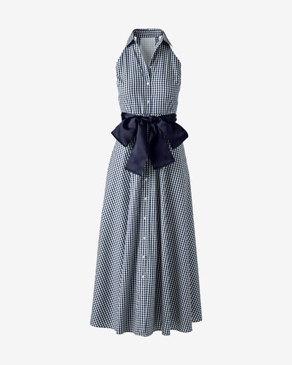 Gingham Maxi Shirt Dress Navy/White
