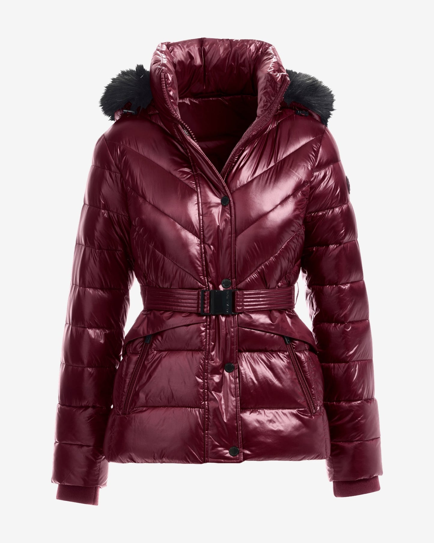 Glossy Finish Faux Fur Trim Hooded Puffer Coat Cabernet