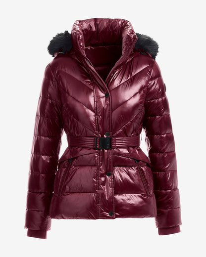 Glossy Finish Faux Fur Trim Hooded Puffer Coat Cabernet