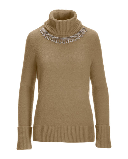 Embellished Turtleneck Sweater Tan