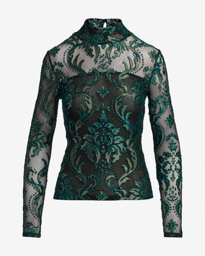 Floral burnout Turtleneck Knit Top Green Multi