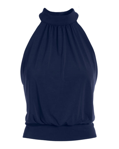 Halter Banded-Bottom Mock-Neck Knit Top Navy