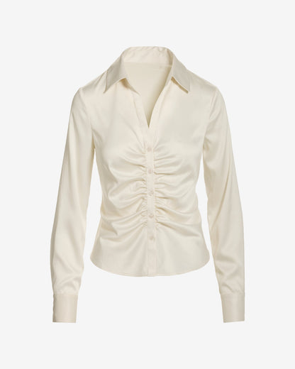 Jessie Charmeuse Ruched Center Front Button Up Shirt Ivory