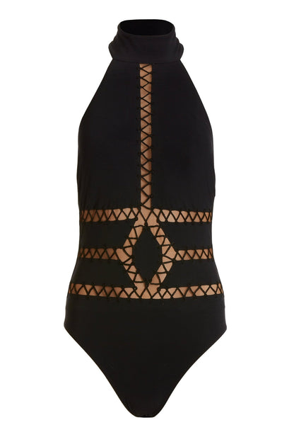High Neck Laser Cut One Piece Swimsuit Black
