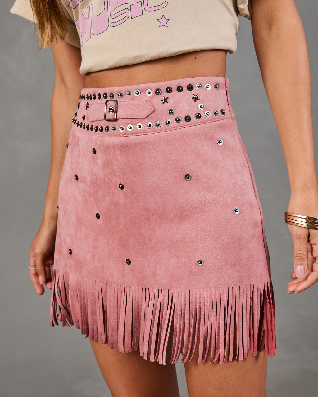 Country Nights Embellished Faux Suede Fringe Mini Skirt