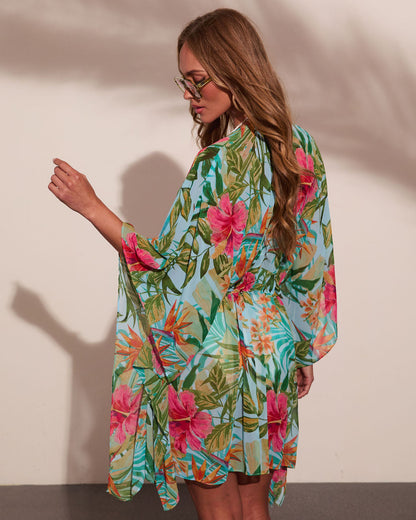 Arellie Tropical Floral Waist Tie Cover Up Top