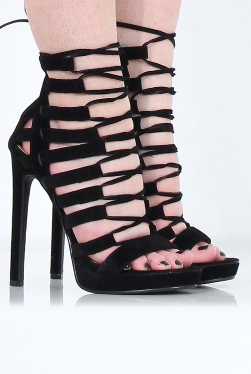 Angel Black Suede Caged Platform Heels