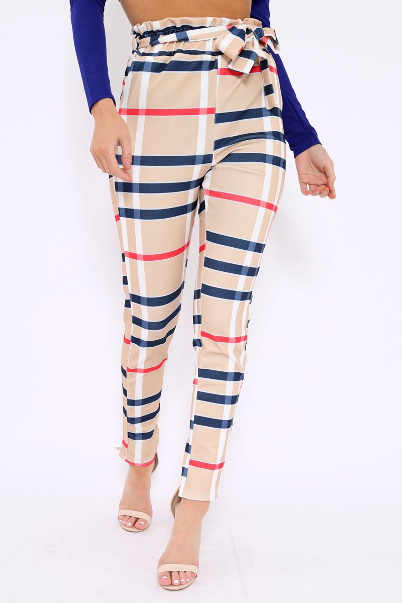 Beige Check Print Paper Bag Tie Waist Tapered Trousers - Ashi