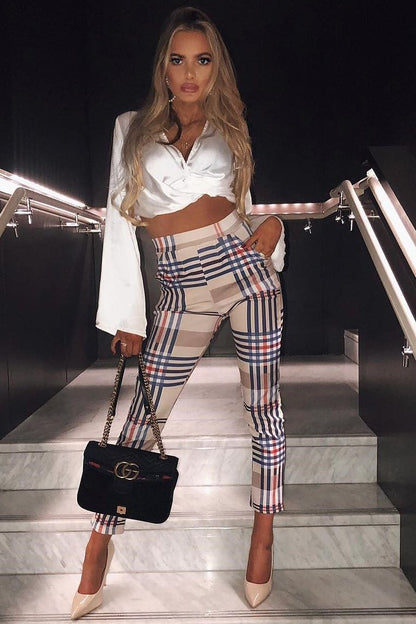 Beige Check Tapered Trousers - Jasmyn