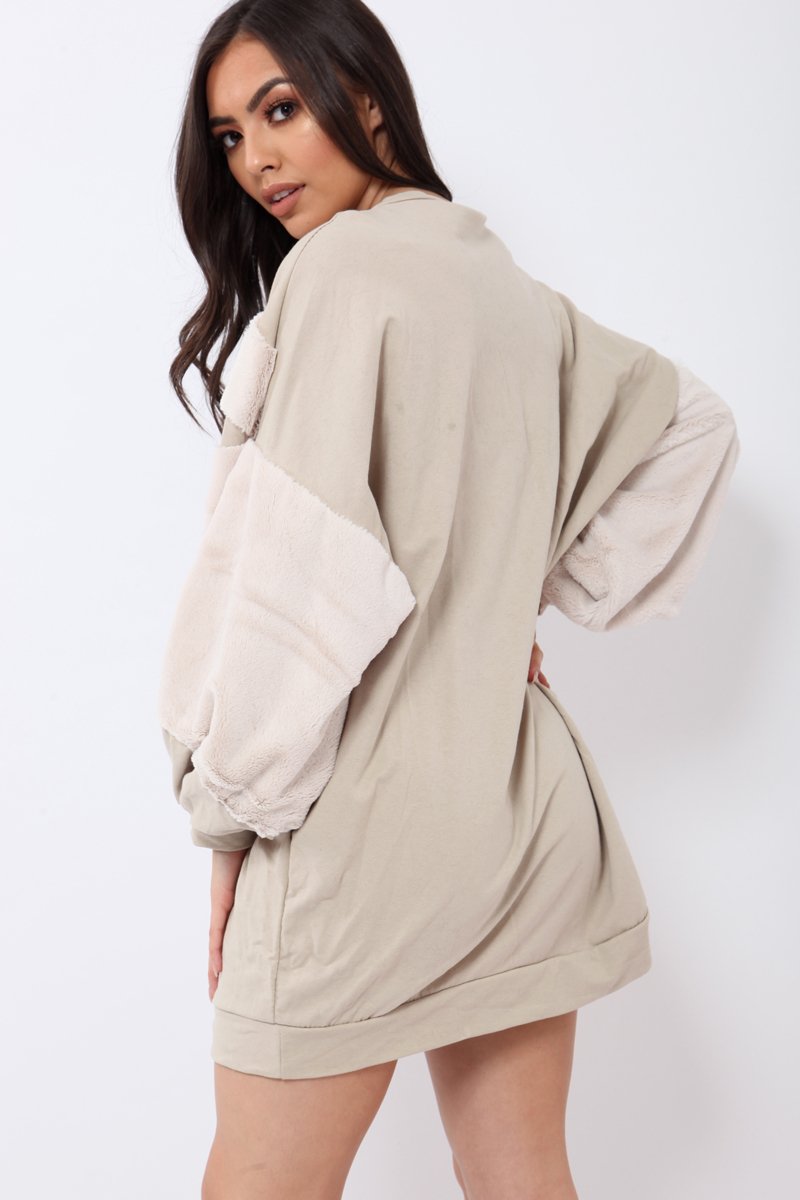 Beige Chevron Fur Jumper Dress - Esme