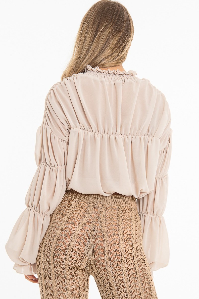 Beige Chiffon Balloon Sleeve Crop Tie Front Blouse - Amelia