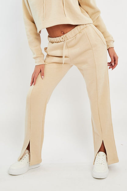Beige Front Split Wide Leg Joggers - Jenise