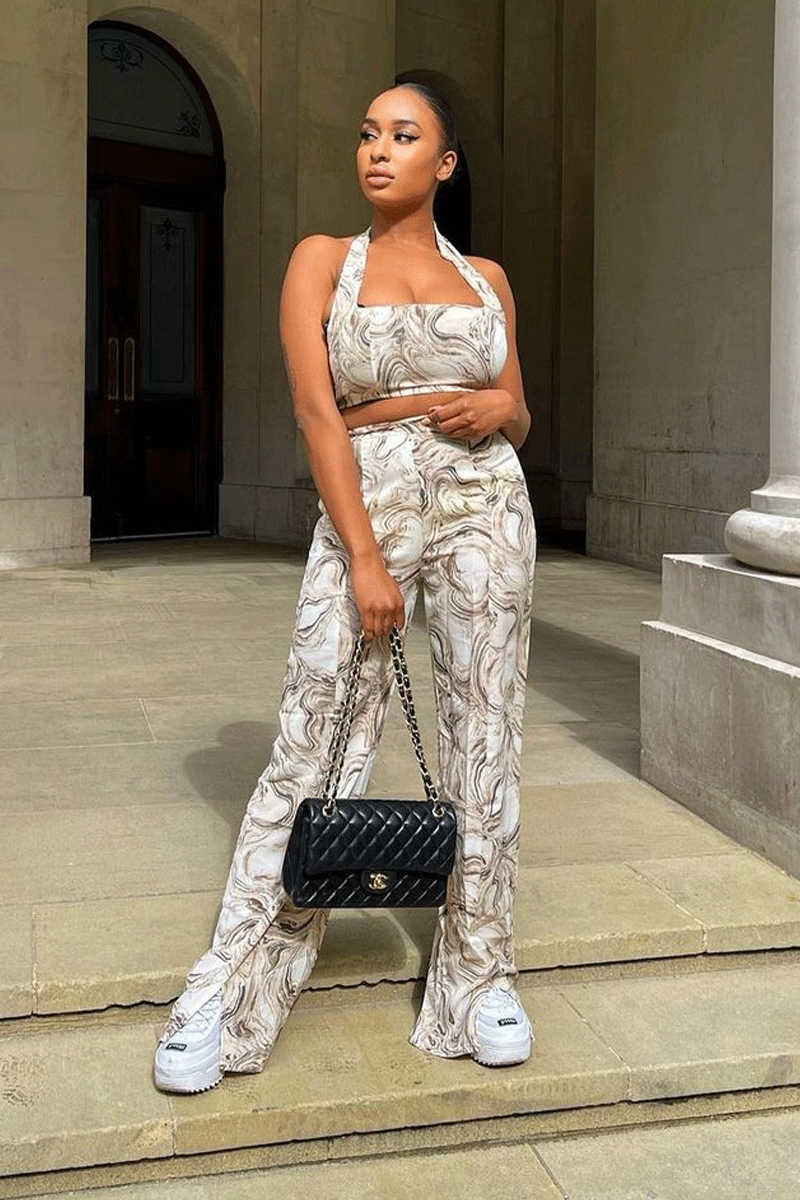 Beige Marble Halter Crop Trouser Co-ord - Delta