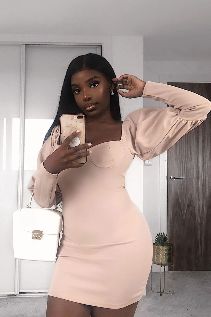 Beige Puff Sleeve Bardot Neckline Milkmaid Mini Dress - Nyomi
