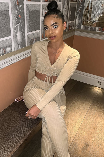 Beige Rib Ruched Front Crop Top Legging Loungewear Co-Ord - Victoria