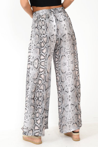 Beige Snake Print Wide Leg Belted Trousers - Brooklinn