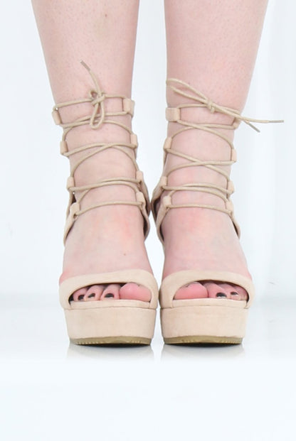 Beige Suede Tie Up Wedges - Magna