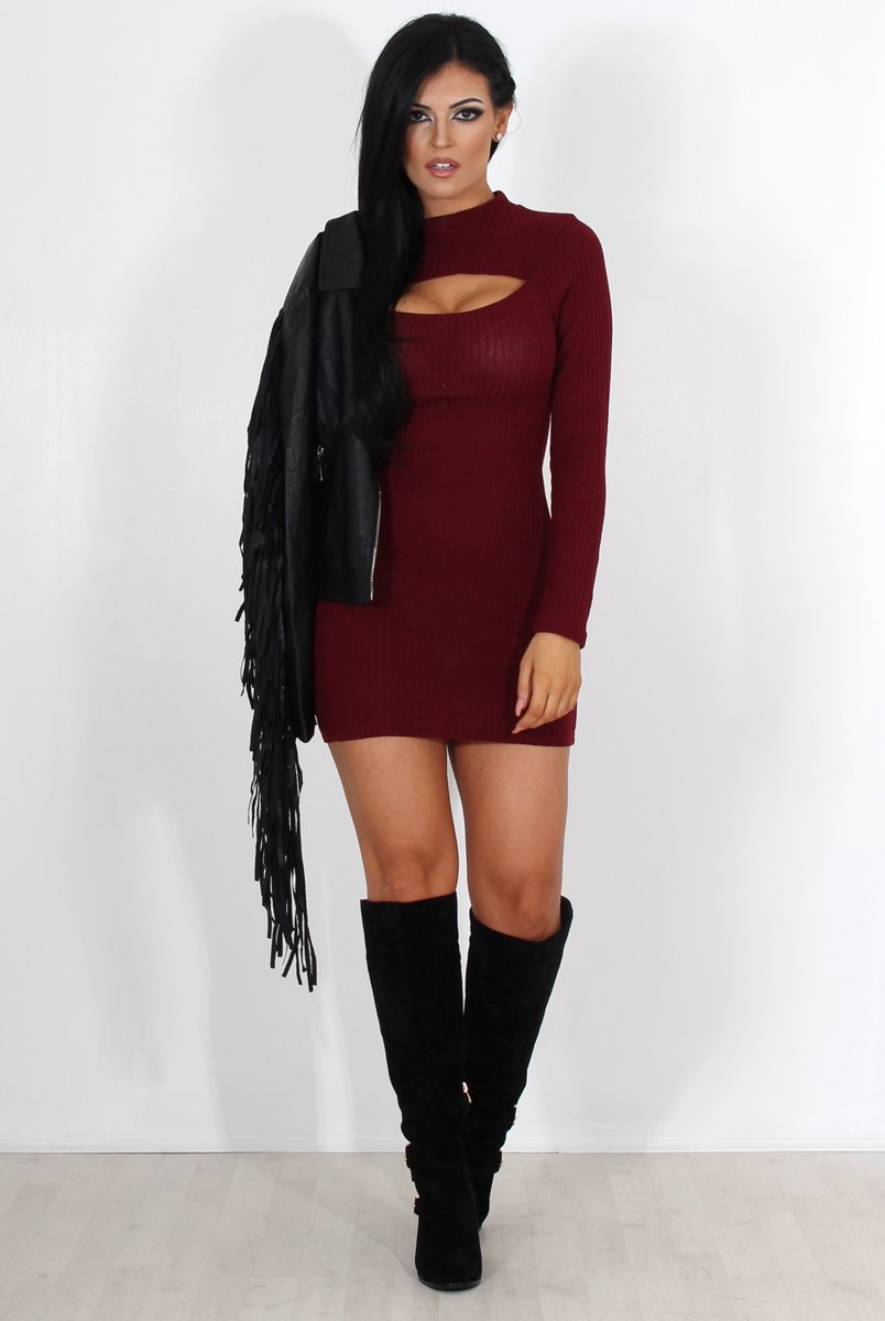 Bess Wine Ribbed Cut Out Dress
