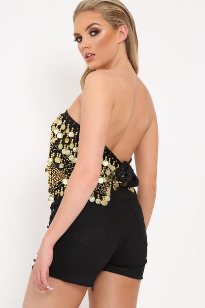 Black And Gold Velvet Top with Sequin and Coin Tassels - Taytem