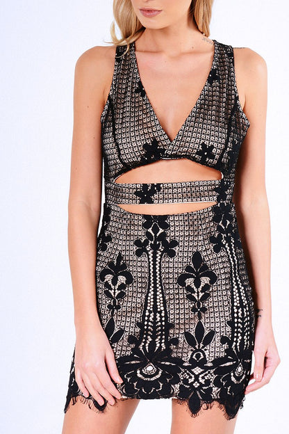 Black And Nude Crochet Cut Out Mini Dress - Isaura