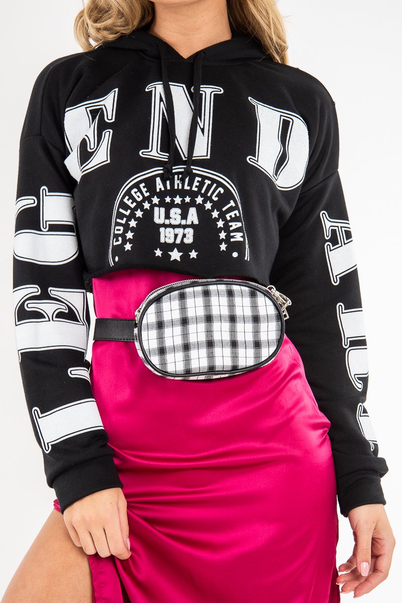 Black Athletic Slogan Crop Raw Hem Hoodie - Jersie