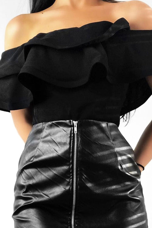 Black Bardot Extreme Frill Bodysuit - Diandra
