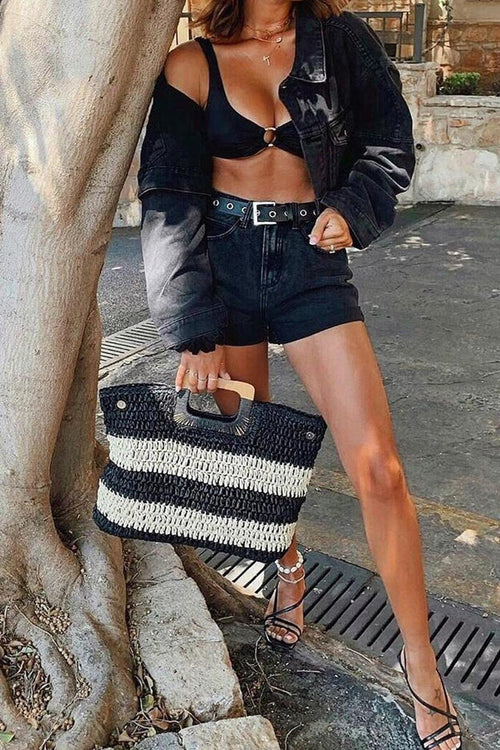 Black Beige Stripe Wooden Handle Straw Bag - Ebony