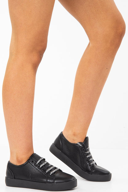 Black Cage Detail Trainers With Ribbon Laces - Tina