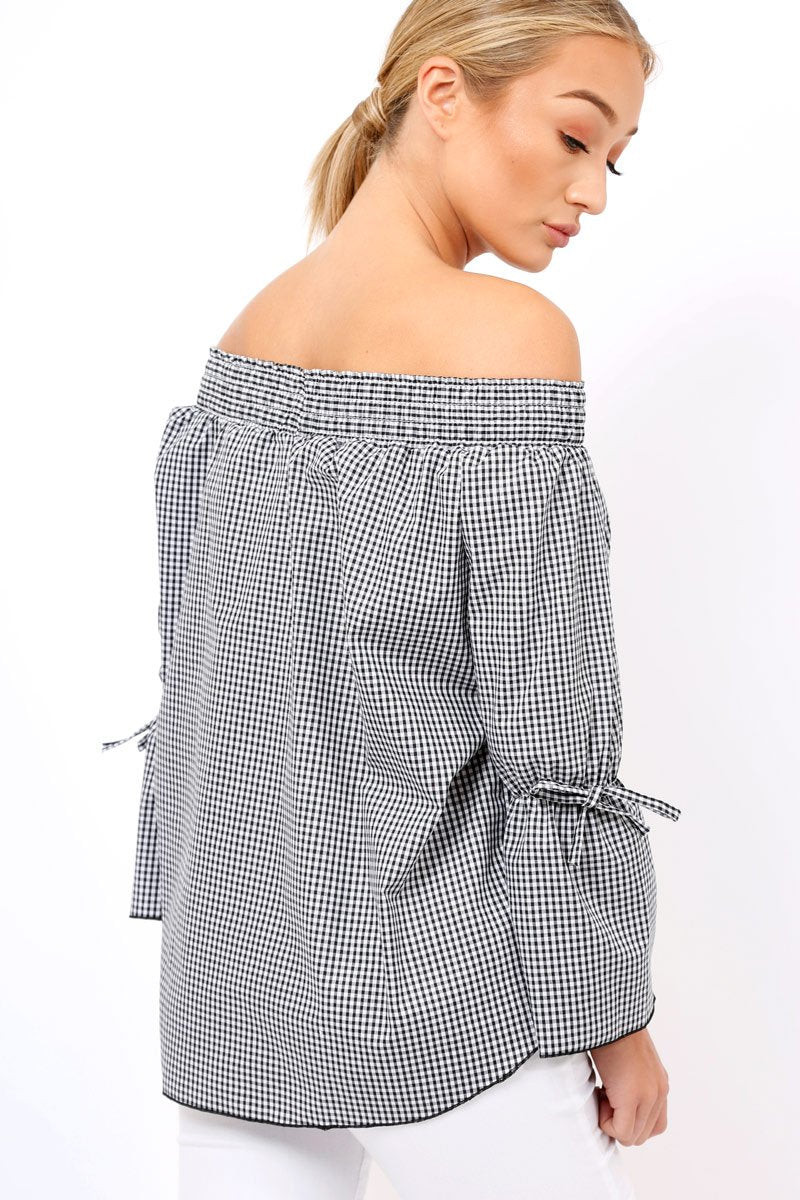 Black Checked Bardot Bell Sleeve Top - Trixie