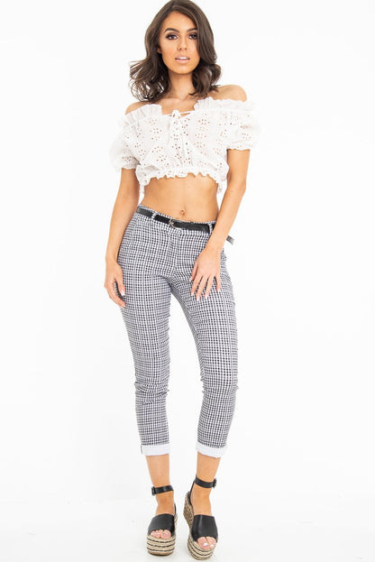 Black and White Check Belted Tapered Trousers - Kierra