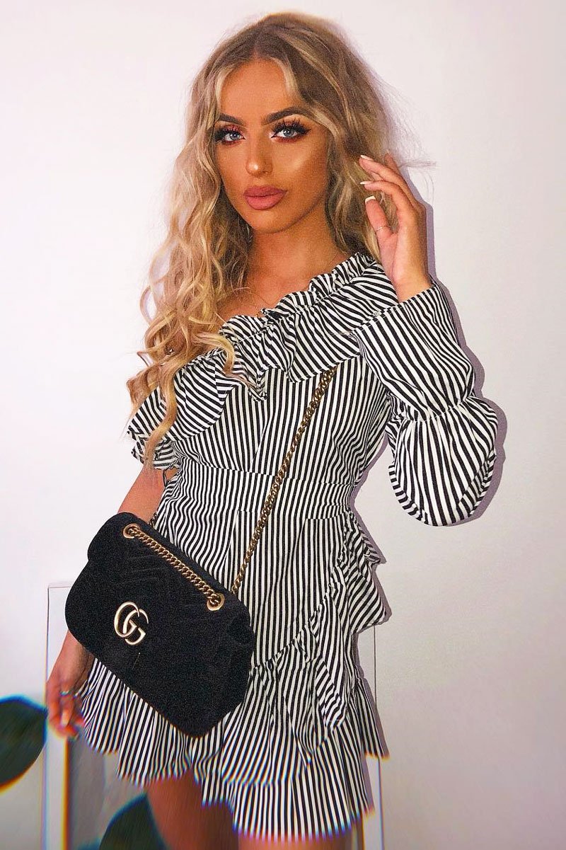 Black and White Stripe One Shoulder Frill Dress - Zyann