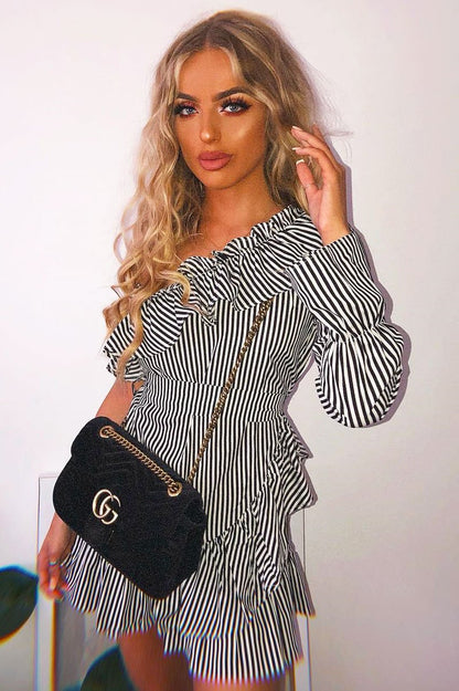 Black and White Stripe One Shoulder Frill Dress - Zyann