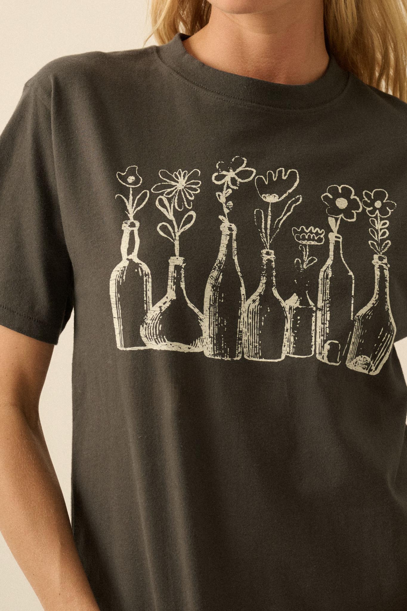 Blooming Bottles Vintage-Print Floral Graphic Tee