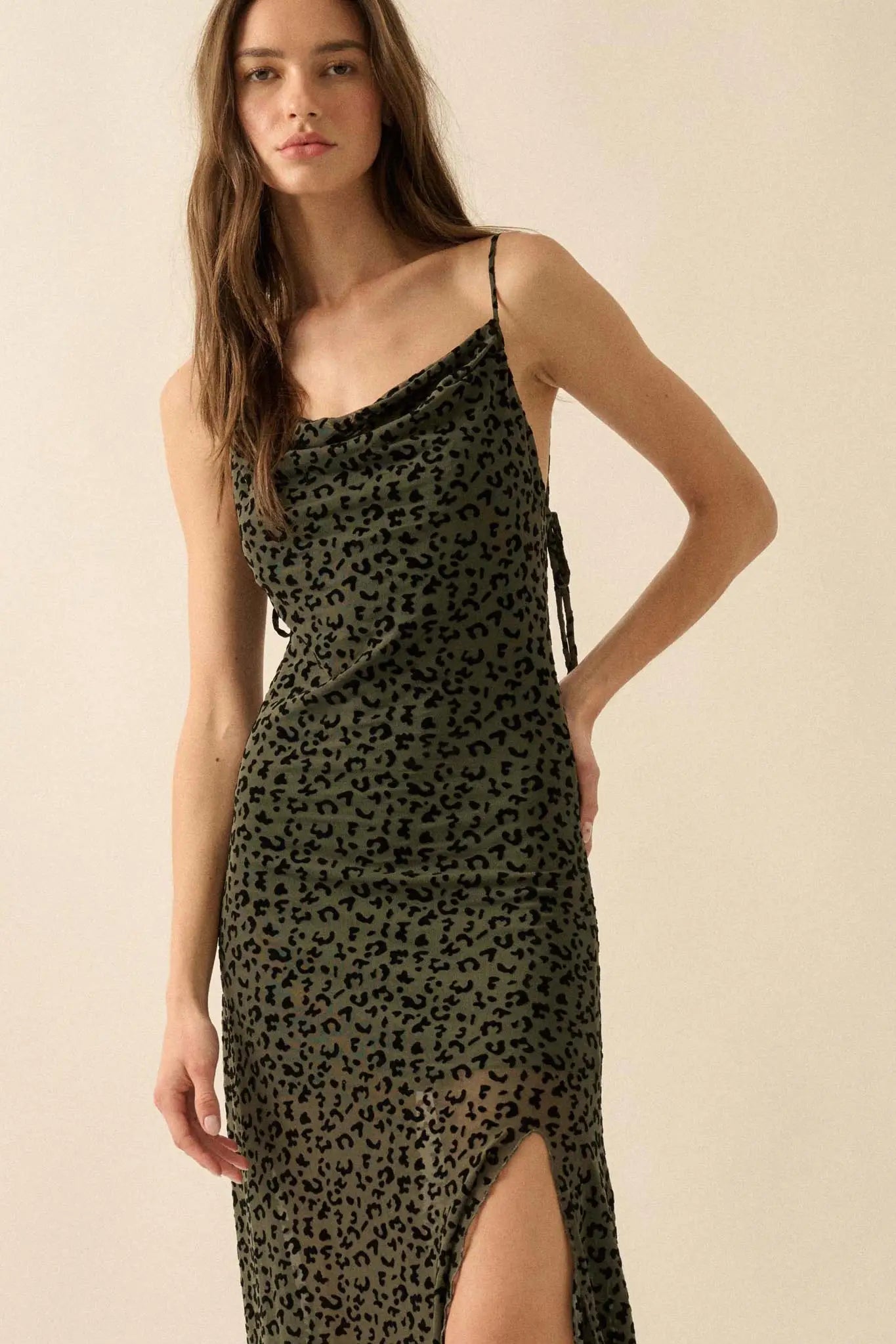 Wild Romance Leopard Mesh Cowl-Neck Maxi Dress